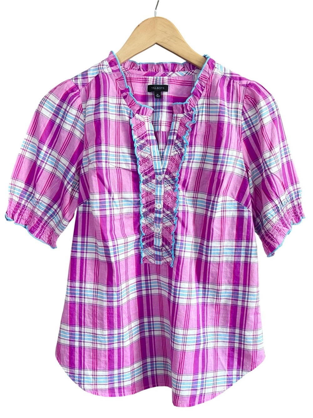 Talbots Plaid Popover Ruffle Cotton Blouse XS Pink - Picture 2 of 9
